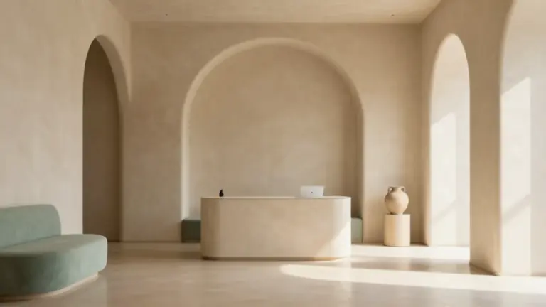 Pasillo interior cálido con arcos y luz natural